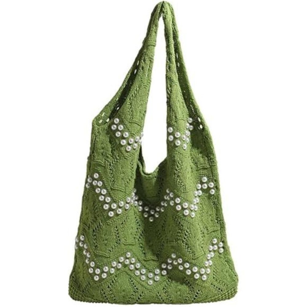 Boho Crochet Beach Tote Bag with White Bead Inlay